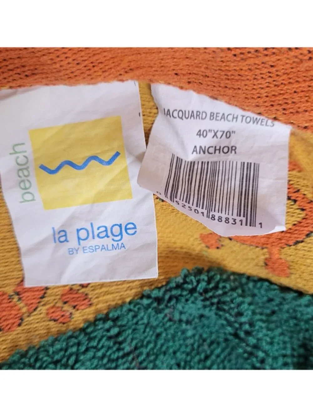 Vtg La Plage by Espalma Beach Towel Green Orange Anchor Nautical Cotton Terry
